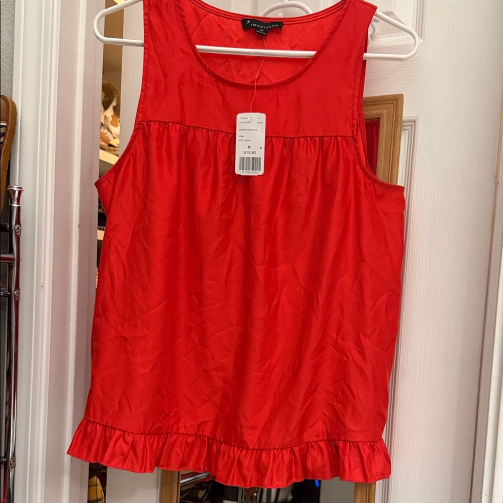NWT Silky orange red ruffle hem Sleeveless Top -/:;(